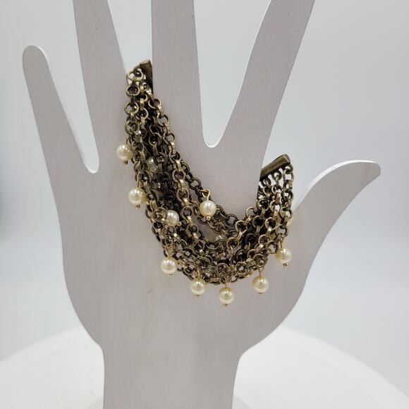 VTG Pinned Pearl Cuff Bracelet 8" Gold Tone White Beads Wide Toggle Closure - Picture 11 of 13